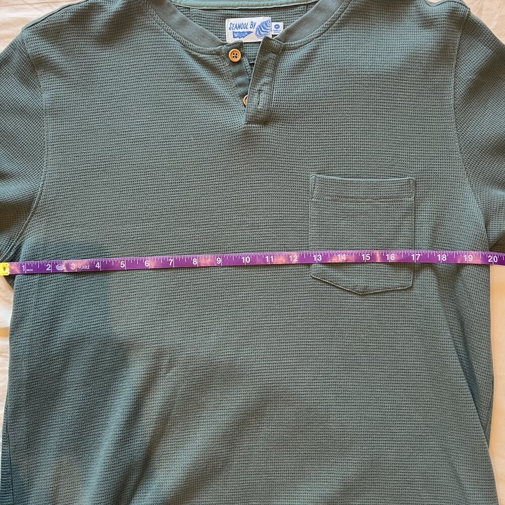 Wellen Men Brosnan Seawool XL Long Sleeve Waffle Henley Shirt Green Coastal EUC - Picture 7 of 8